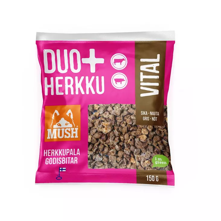 Kotimainen herkku koiralle Mush Duo+ Vital nauta-sika - Pienet lihaherkut - 004274 - 1